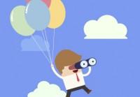Ilustración hombre volando con globos y prismáticos