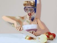 Ilustración mujer cortando cebolla con gafas de buzo