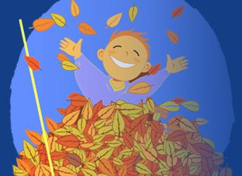 Ilustración niño lanzando hojas en otoño