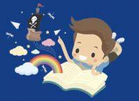 Ilustración niño, arcoiris y barco pirata